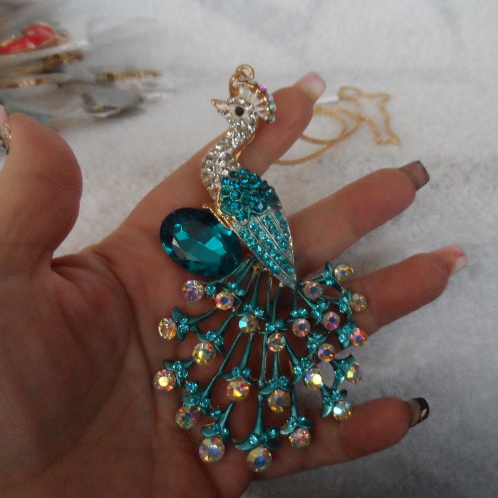 Large teal crystal Peacock pendant w/ chain